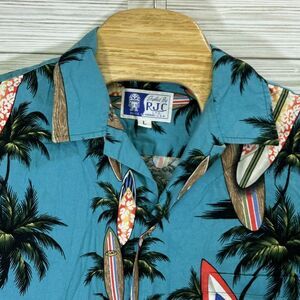 Hawaiian Shirt VTG 70s RJC Blue Surf‎ Boards Print Shirt LG Kurt Cobain Grunge